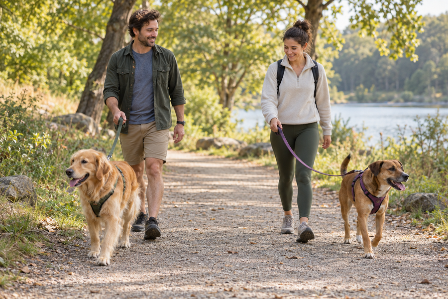 Two handlers walking their dogs with comfortable space on a neutral park path