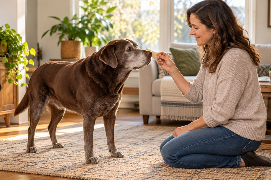 An owner rewarding a comfortable silver-muzzled dog during a short home training session
