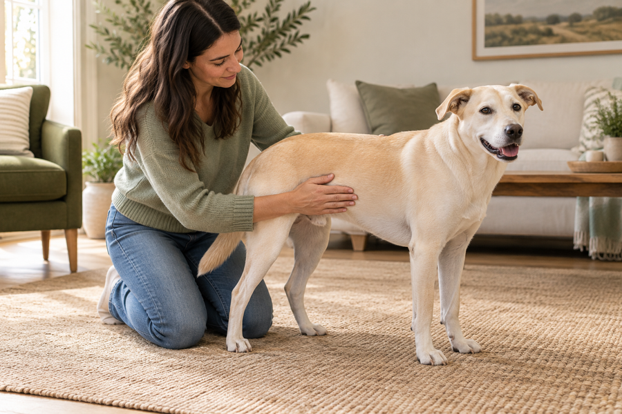 An owner gently checking the rib coverage of a standing dog.
