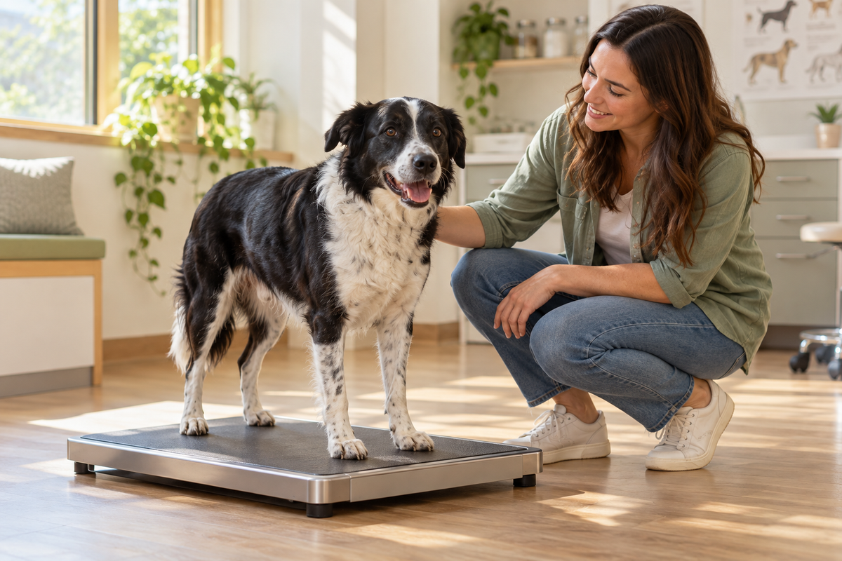 A mixed-breed dog standing on a veterinary floor scale beside its owner.