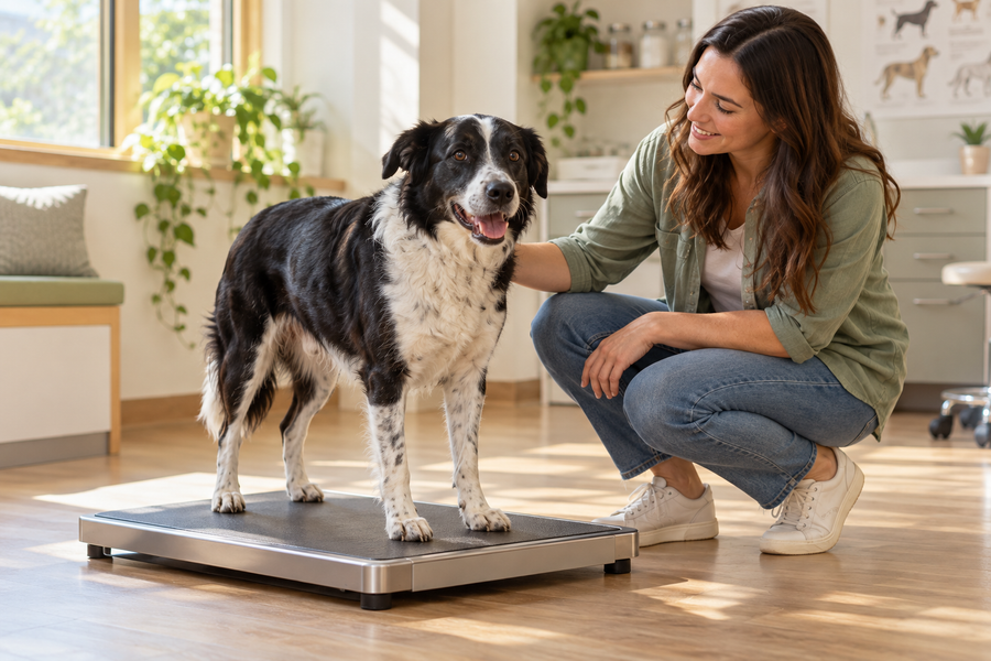 A mixed-breed dog standing on a veterinary floor scale beside its owner.