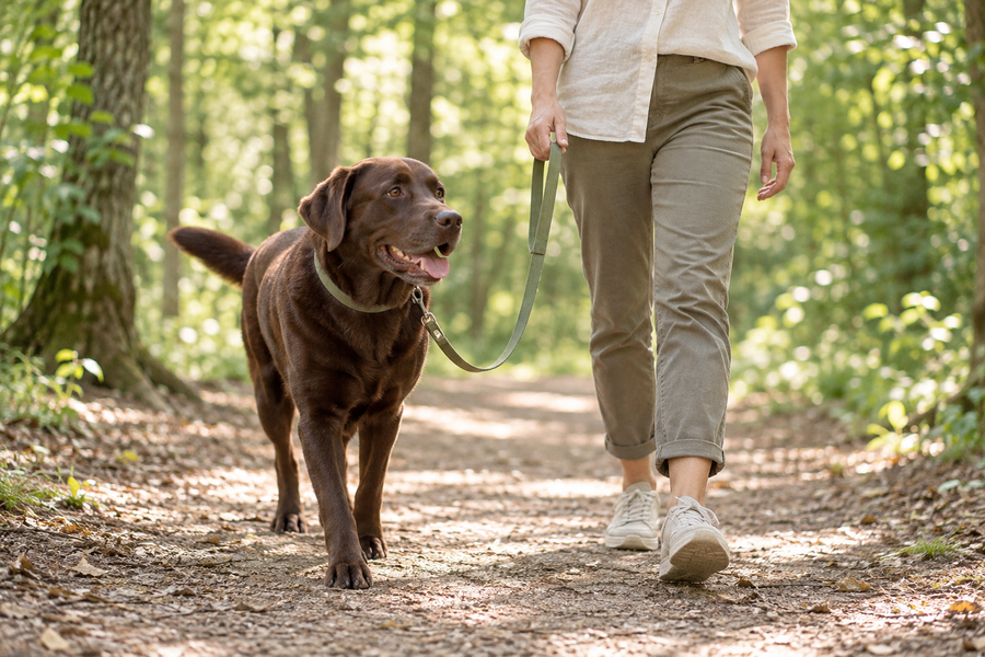 A chocolate Labrador and its owner taking a relaxed walk on a woodland path.