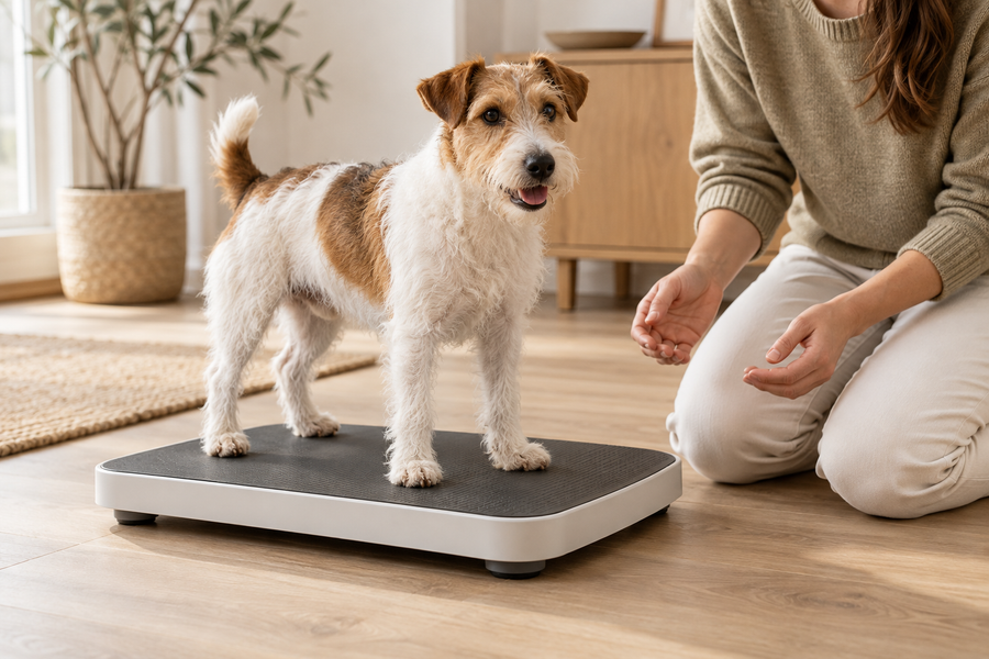 A small terrier standing on a low pet scale while its owner waits beside it.