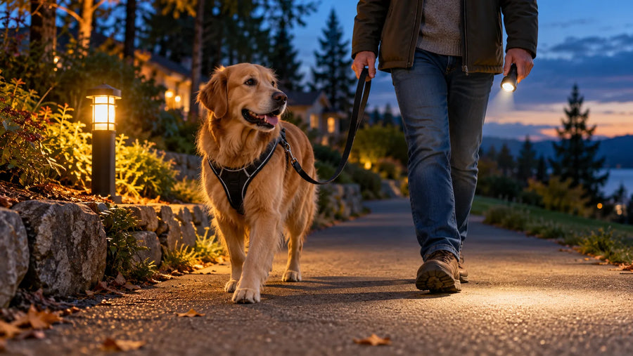 Leashed dog and owner walking on an illuminated path at dusk