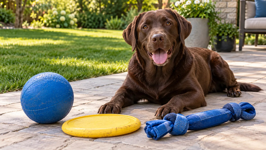 Dog beside blue and yellow fetch toys near a backyard patio