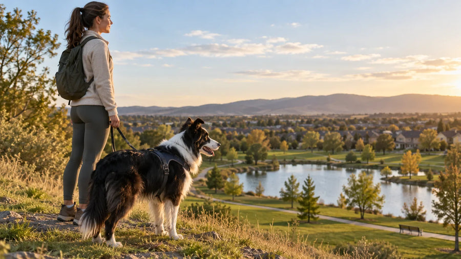 Dog and owner looking across a park from different eye levels