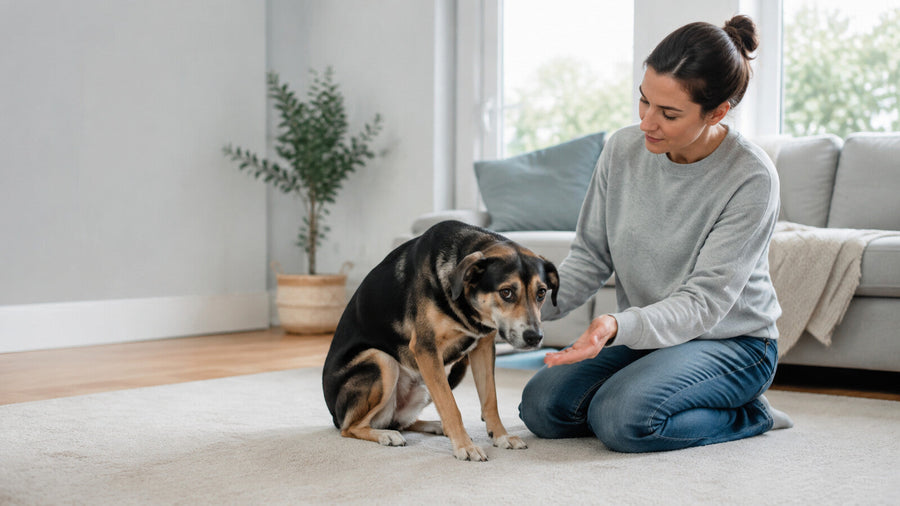 Owner calmly comforting an anxious dog showing tense body language