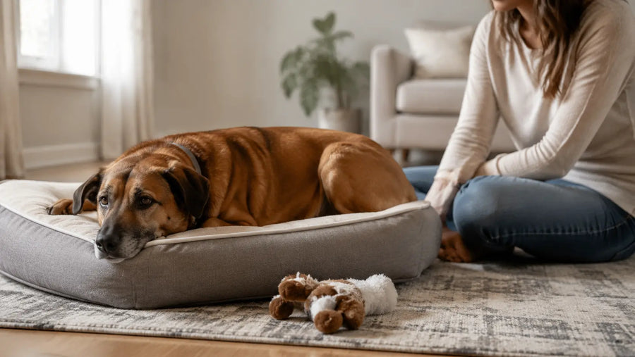 Concerned owner sitting calmly beside a withdrawn dog at home