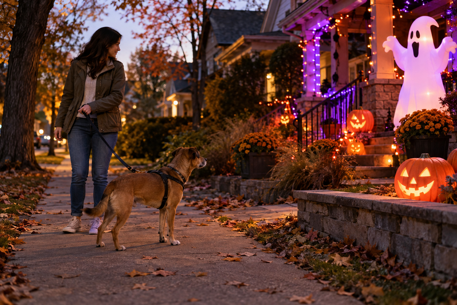Leashed dog looking toward an inflatable ghost and glowing pumpkins beside a decorated porch