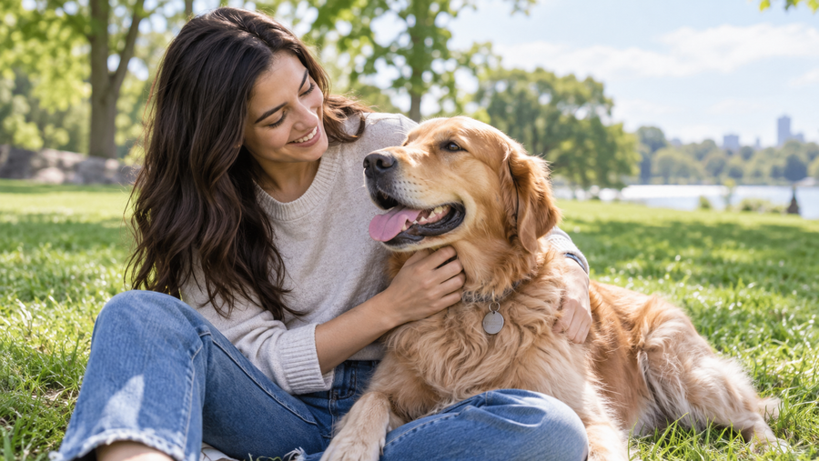 Dog showing love and trust while relaxing beside its owner outdoors