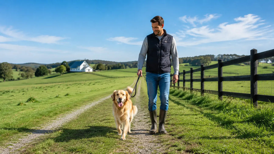 Owner walking with a dog safely on a rural property