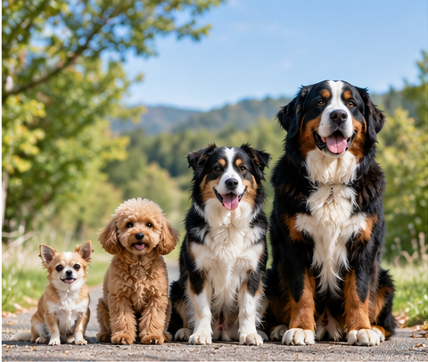 Small, medium and large dogs showing how body size relates to aging and lifespan