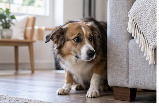 Scared dog hiding beside a sofa in a bright living room