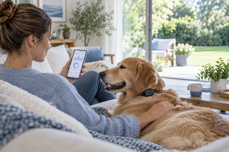 Owner reviewing dog activity and health trends from a GPS collar