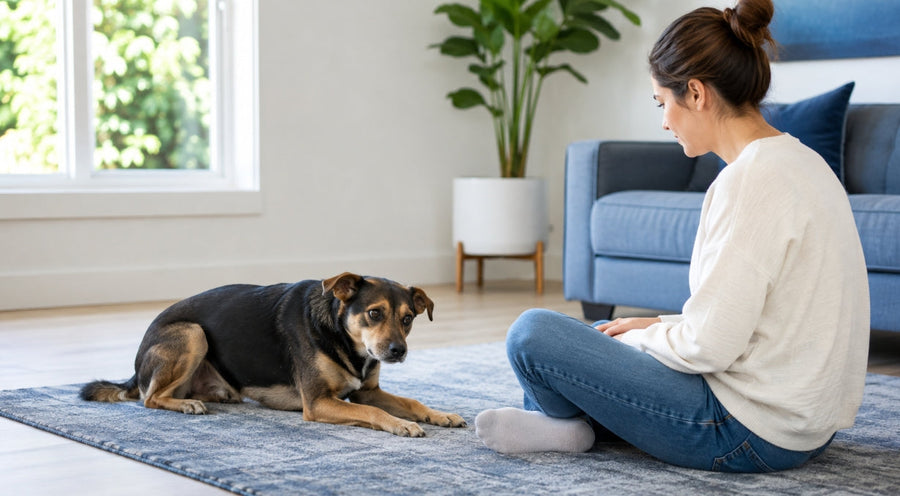 Owner calmly sitting beside an anxious dog in a bright quiet living room