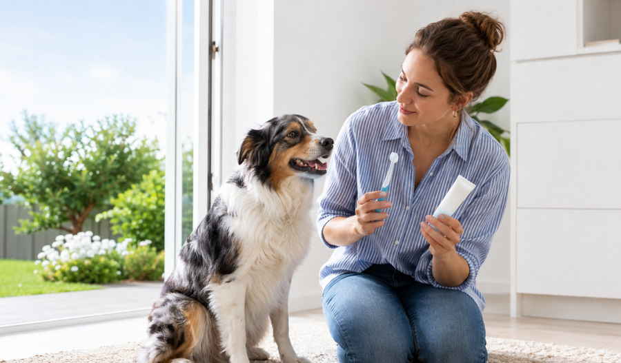 Owner preparing to brush a relaxed dog’s teeth at home