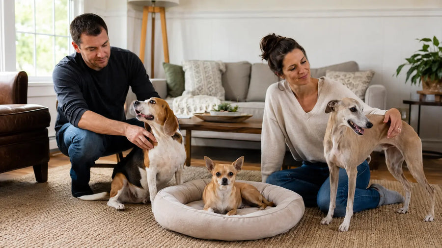 Owners relaxing in a bright home with a Chihuahua, Beagle, and Whippet