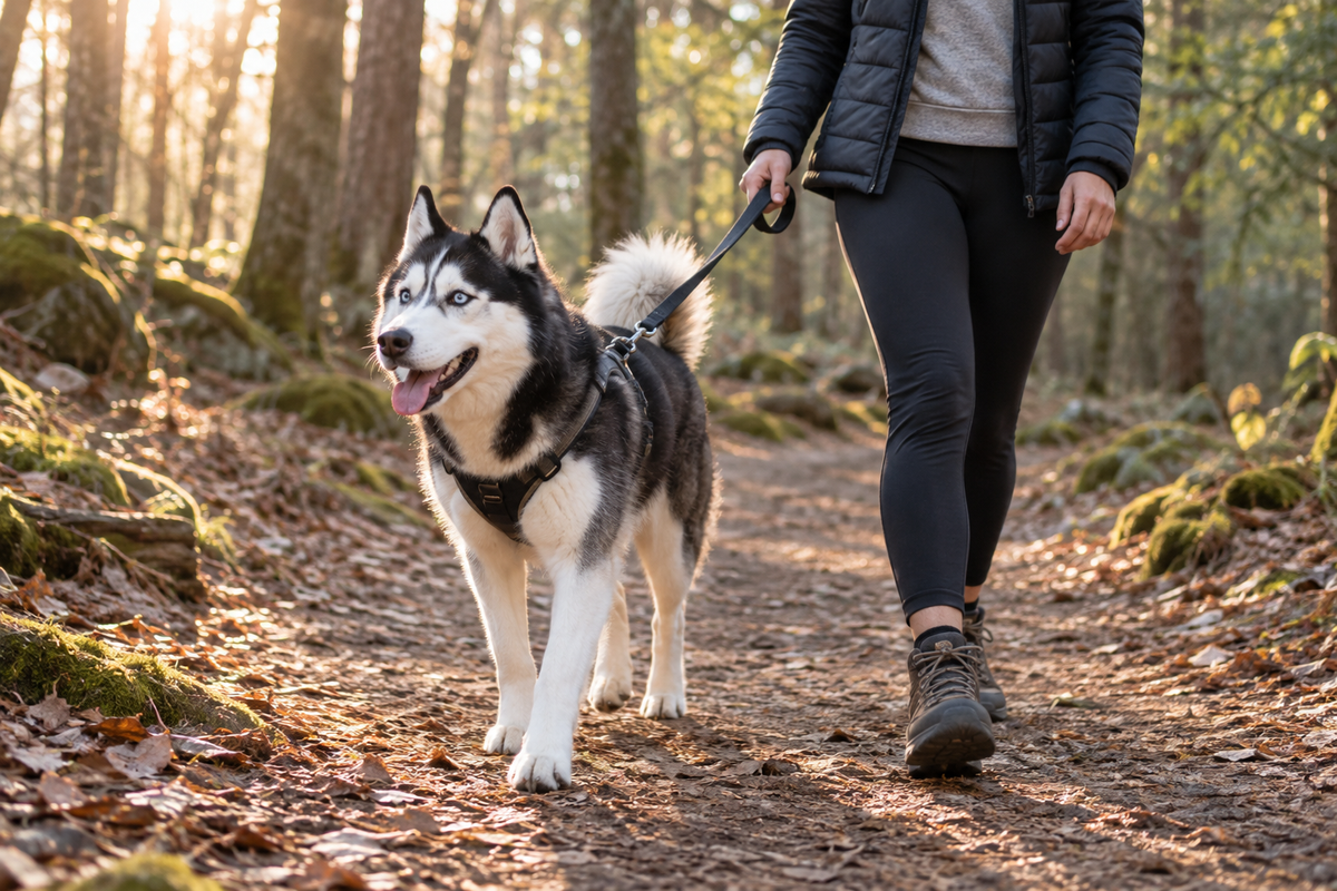 Siberian Husky wearing a body harness on a cool morning trail walk with its owner.