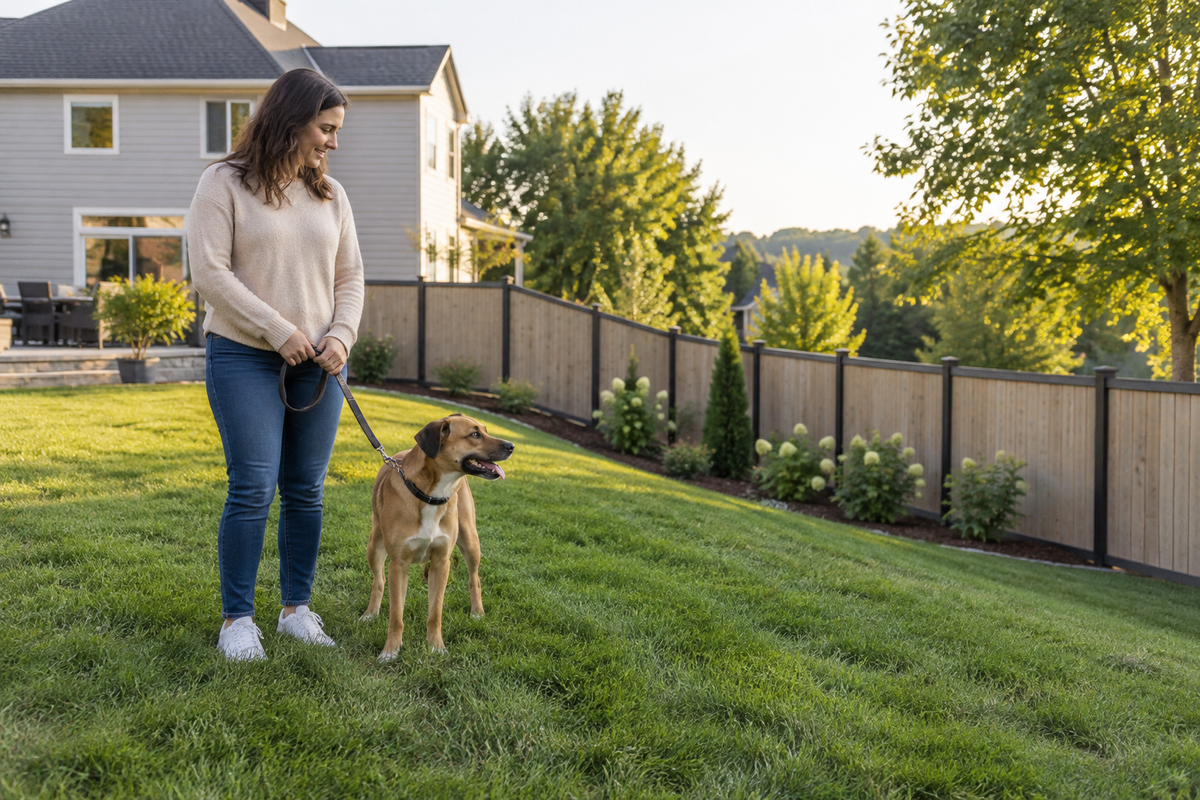 Owner and leashed dog in a sloped yard with a continuous physical fence