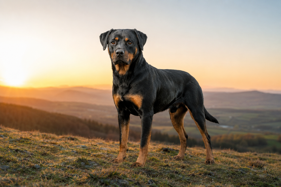 Confident black and tan dog standing calmly on a hill at sunrise