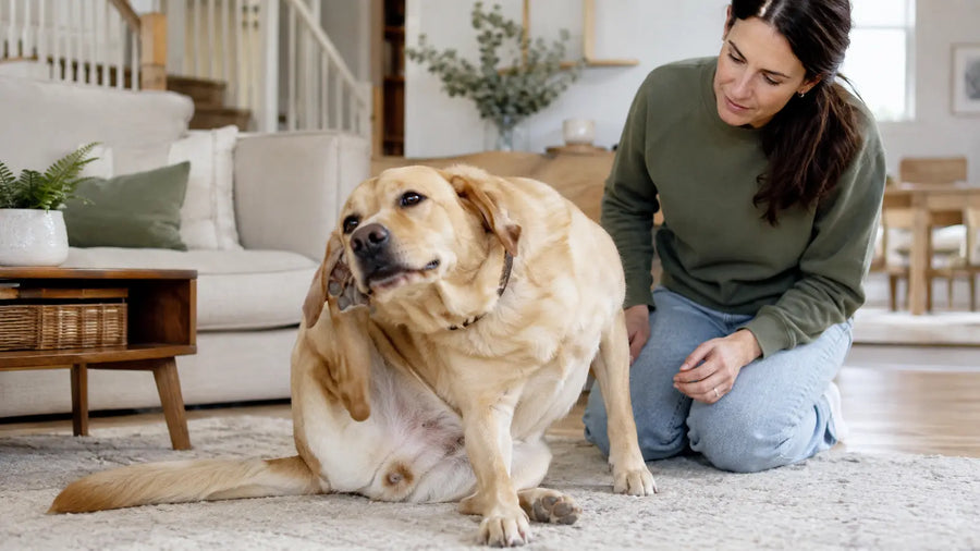 Yellow Labrador scratching behind its ear while an owner watches for signs of itchy skin