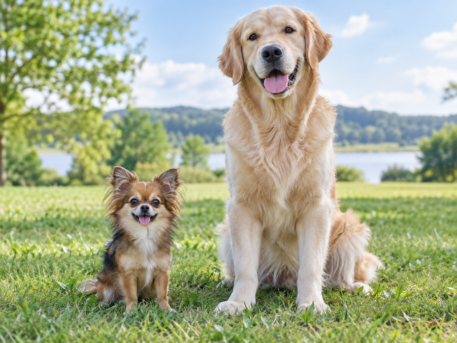 Small dog and large dog together outdoors showing differences in body size and aging
