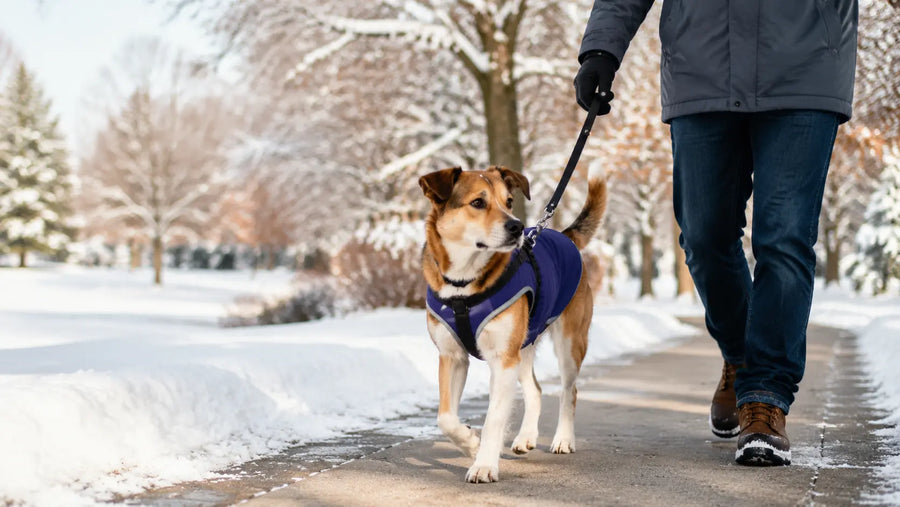 Dog wearing a warm coat during a safe winter walk with its owner