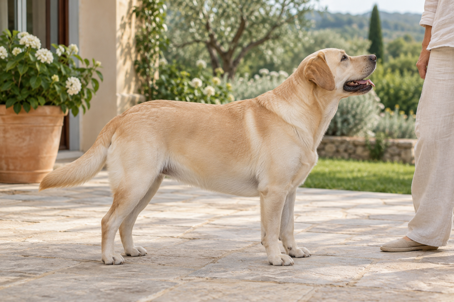 An adult yellow Labrador standing beside its owner on a garden patio.