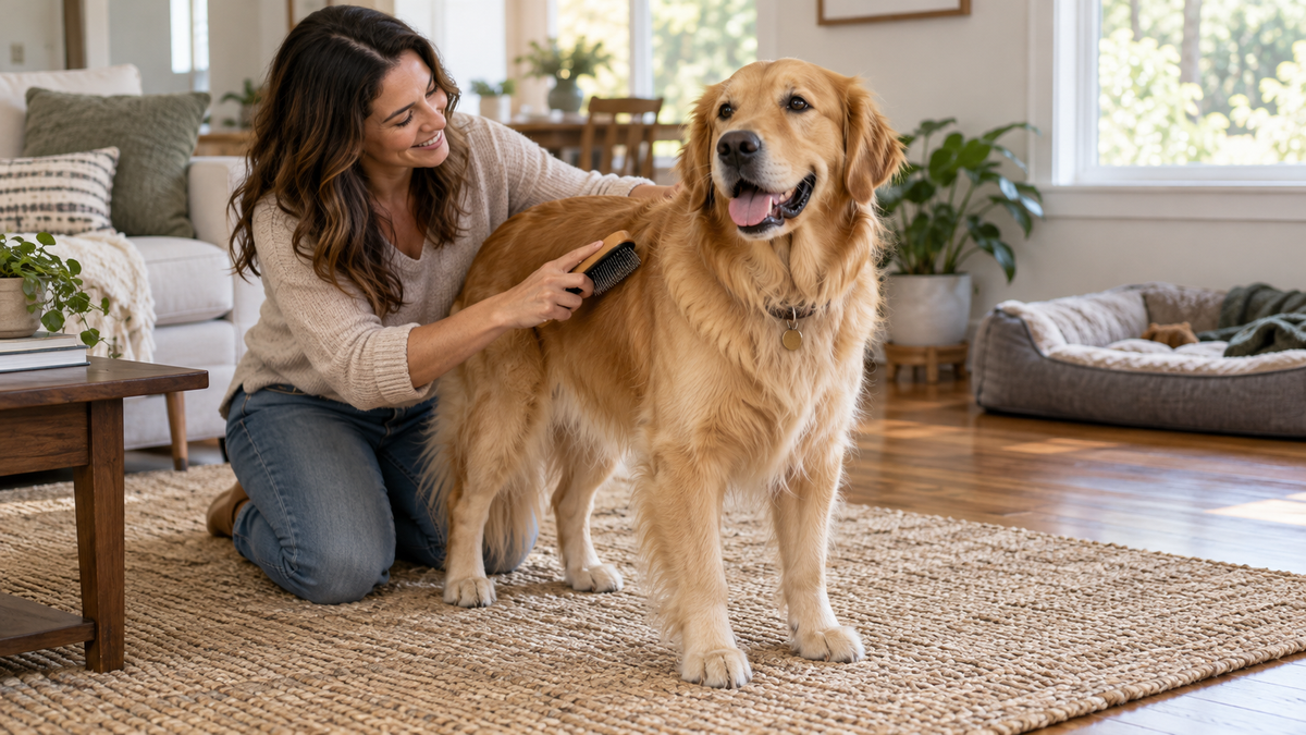 Owner brushing a large Golden Retriever on a nonslip rug at home.