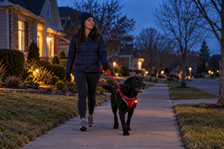 Owner walking a leashed black Labrador with reflective gear on a suburban sidewalk at dusk
