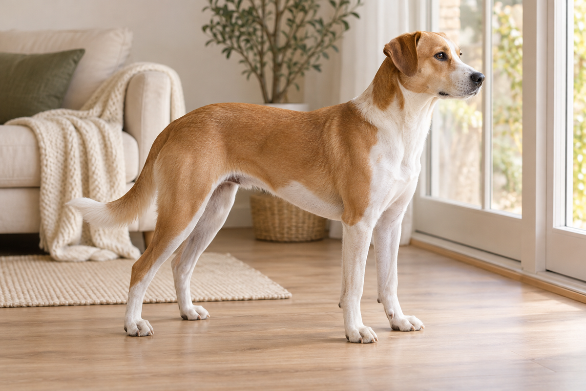  A lean tan-and-white dog standing beside a sunlit window.