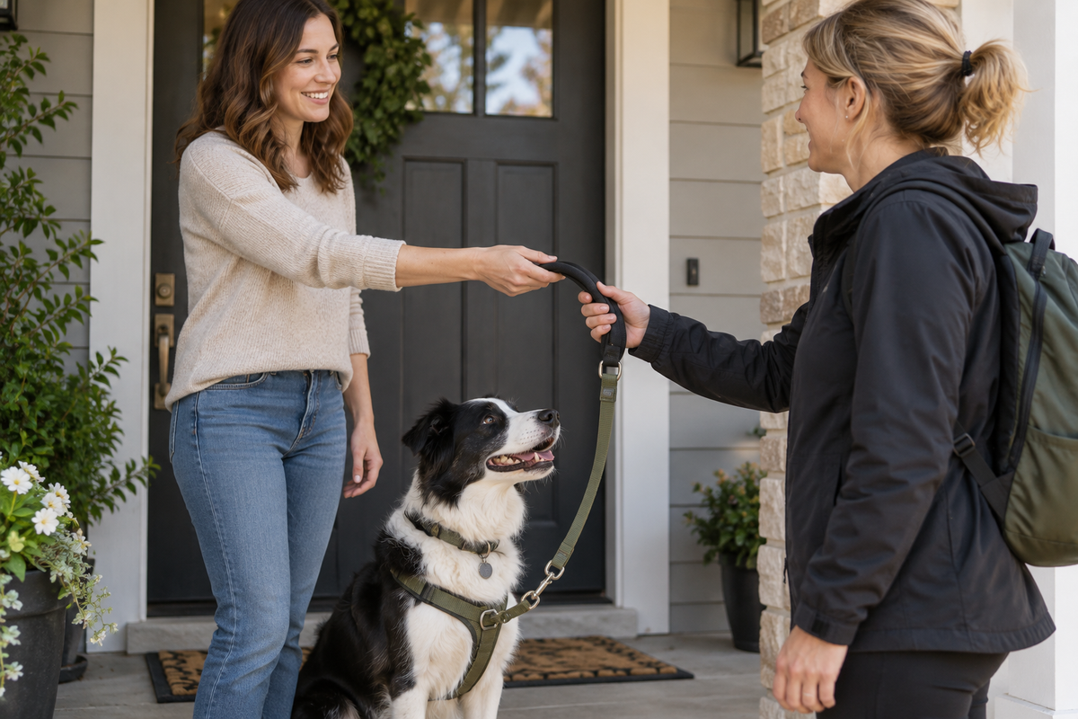 Dog owner handing a leash to a pet sitter while a collie waits beside a front porch
