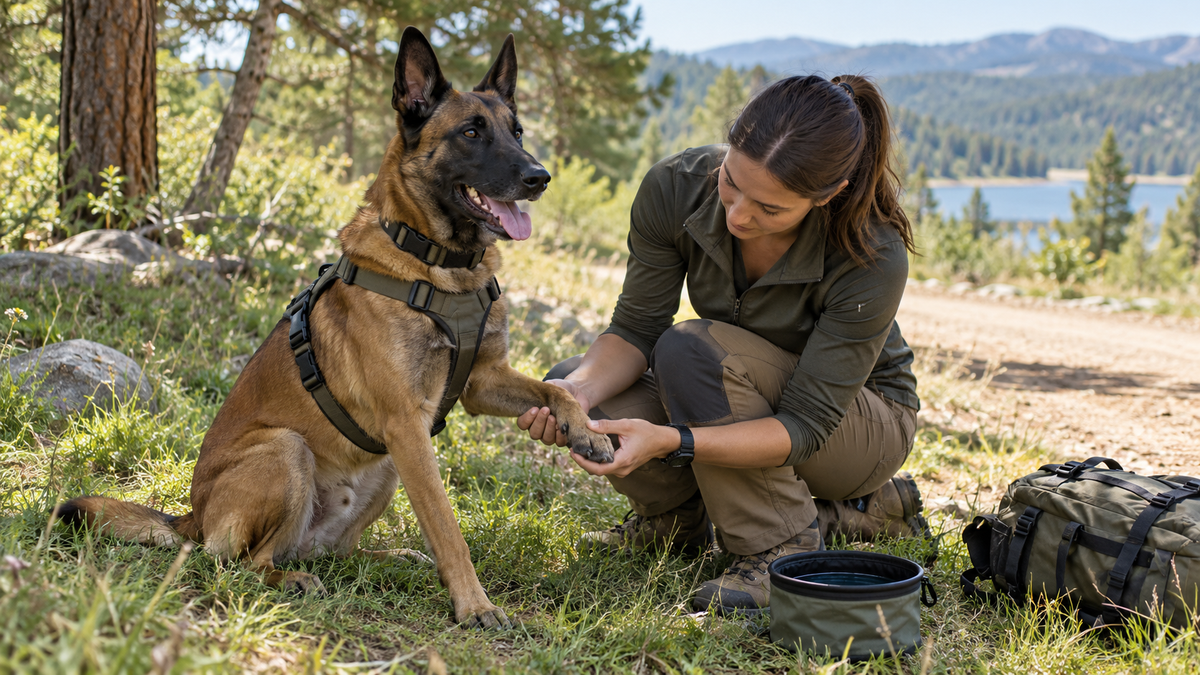 Handler checking a working dog's paw during a rest break outdoors.