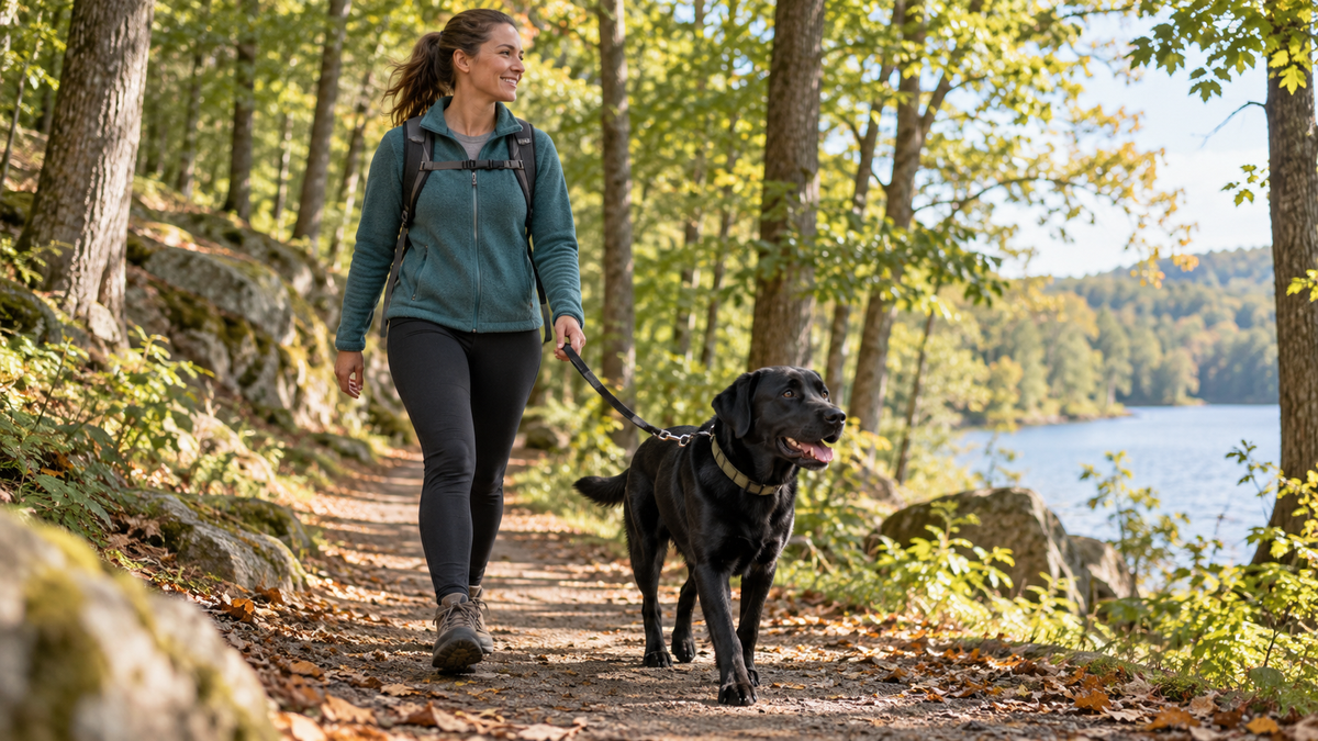 Labrador Retriever walking with its owner on a shaded park trail.
