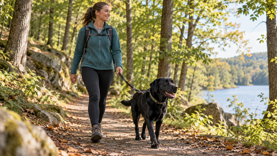 Labrador Retriever walking with its owner on a shaded park trail.