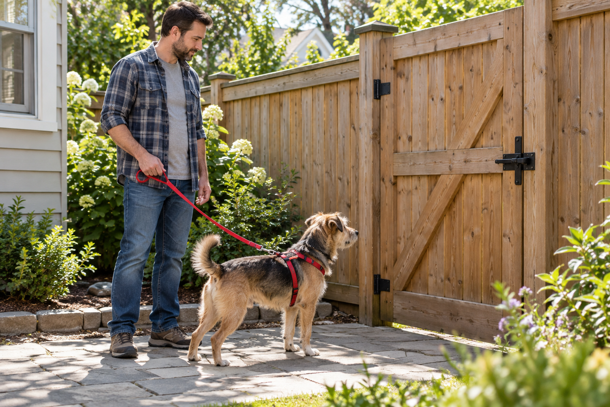 Owner holding a leashed terrier beside a securely closed backyard gate