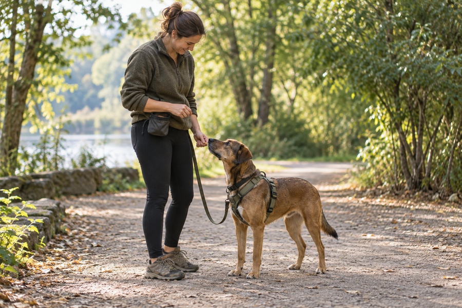 An owner rewarding a dog's voluntary check-in during a calm leashed walk