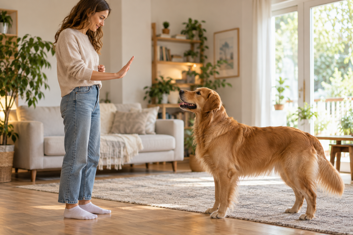 An owner giving a clear hand signal to an attentive dog in a quiet home