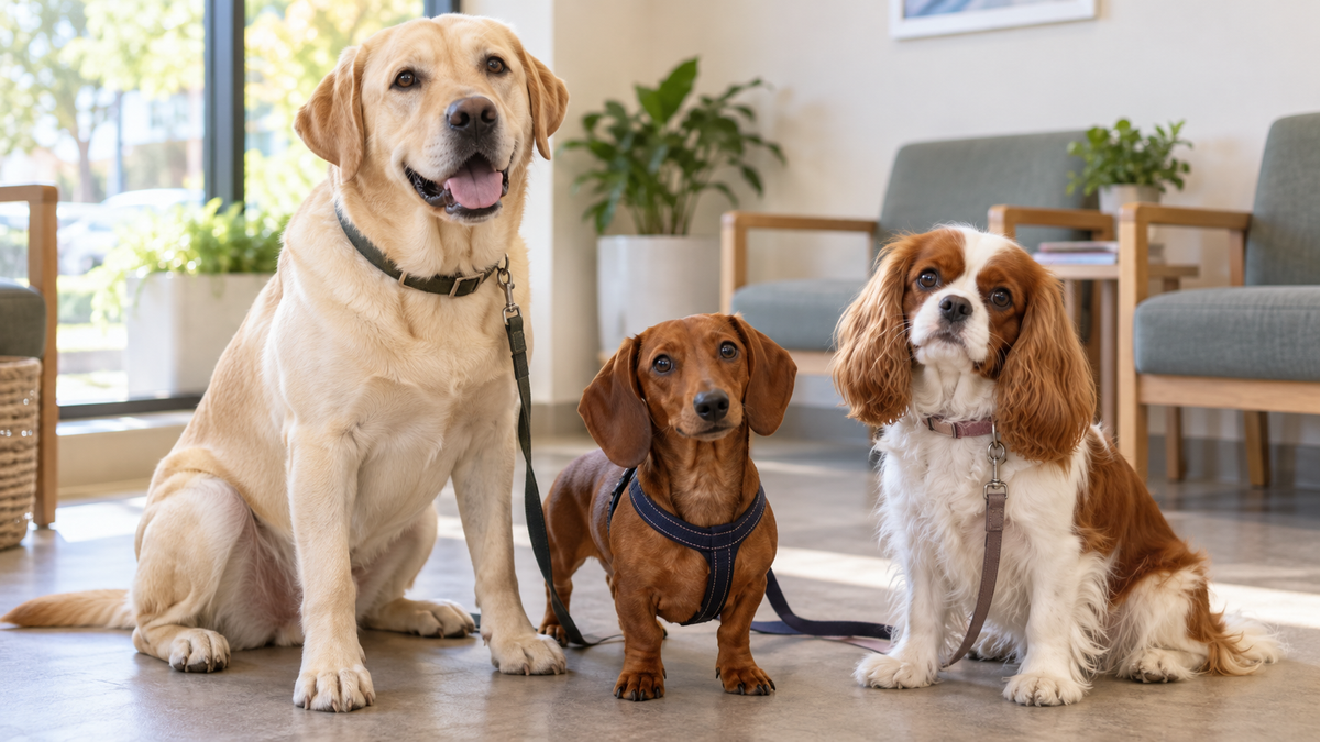 Labrador Retriever, Dachshund, and Cavalier King Charles Spaniel in a veterinary waiting room.