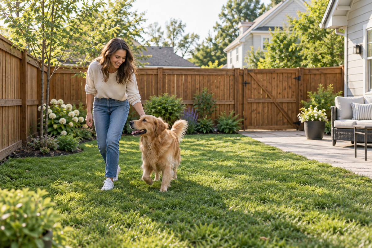 Dog and owner in a small backyard enclosed by a solid fence and closed gate