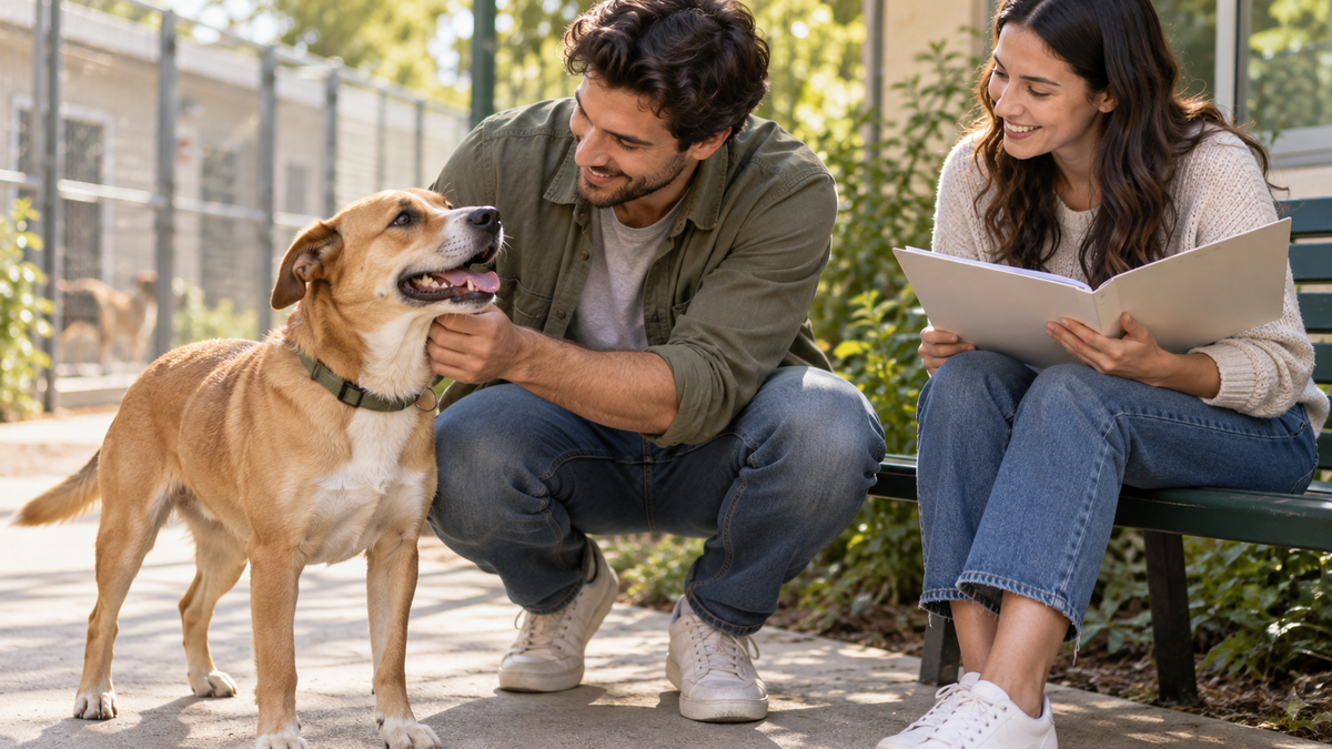 Prospective adopters meeting a mixed-breed dog while reviewing a folder of care records.
