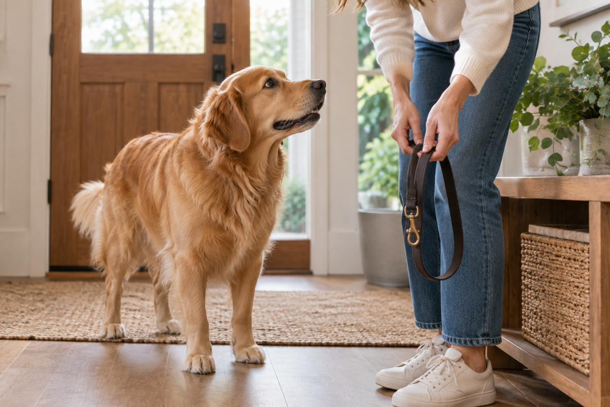 A dog noticing its owner pick up a leash before a walk