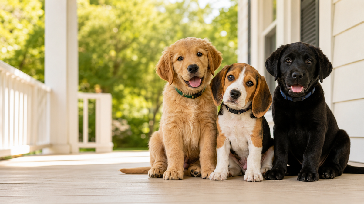 Three cute puppies representing different dog name styles