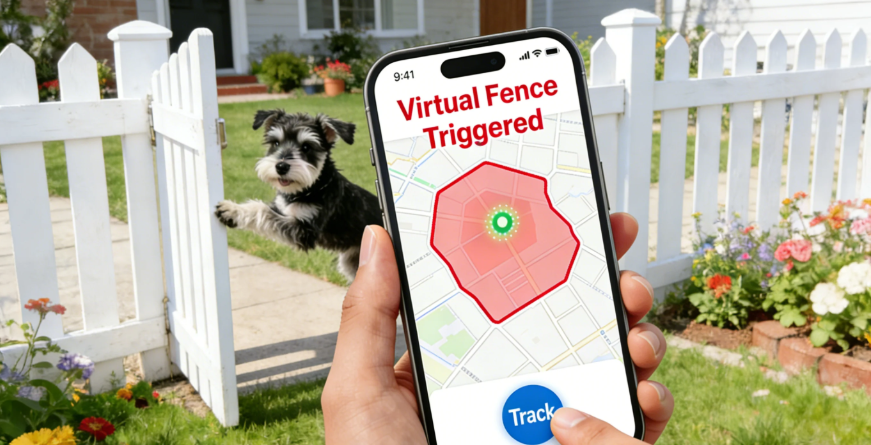 Dog triggering virtual fence alert on smartphone near yard gate