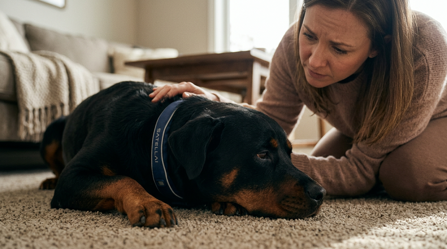 Woman comforting a Rottweiler resting on a carpet at home