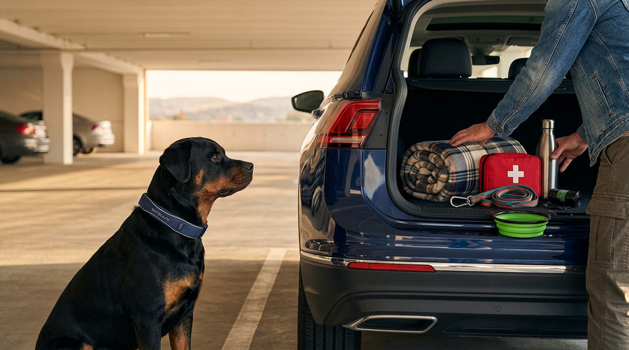 Dog road trip safety checklist with packed car essentials and smart collar