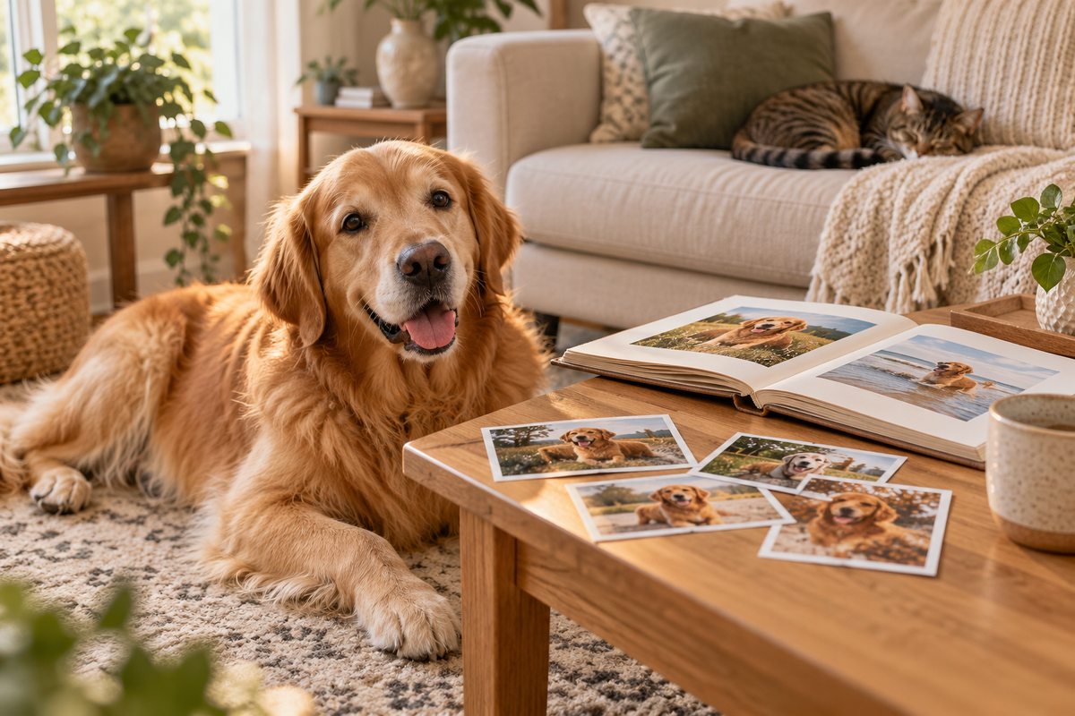 Golden retriever beside printed pet photos and an open album in a sunlit living room