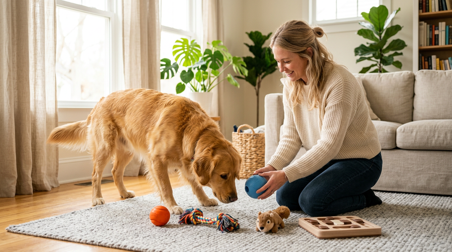 Dog owner presenting a variety of toys to help choose the right play style for their dog at home