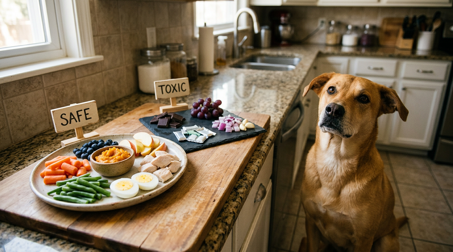 Kitchen scene showing dog-safe foods separated from toxic human foods while a dog waits nearby