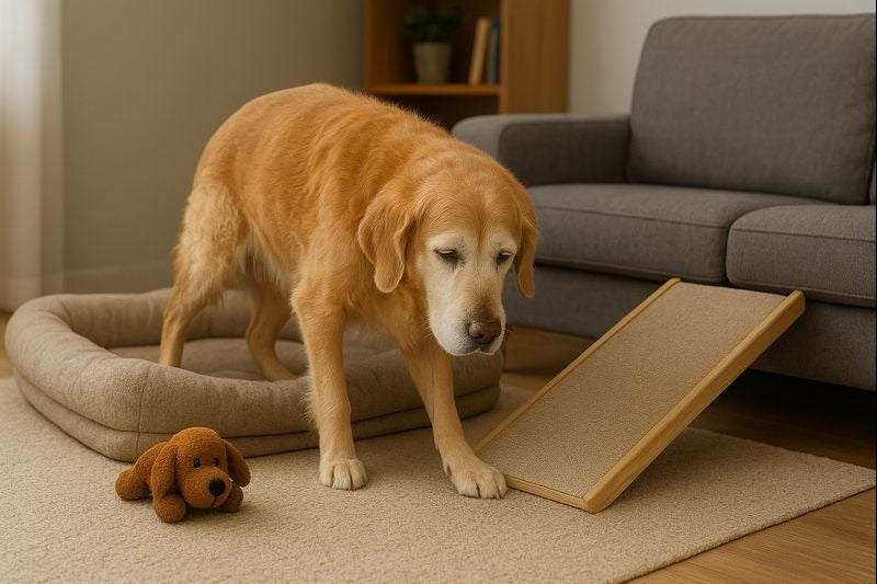 Golden retriever standing beside a pet ramp and dog bed in a living room